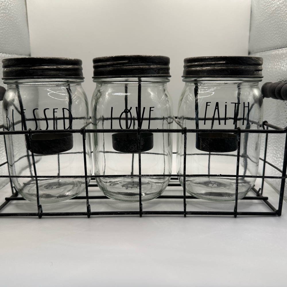 Rae Dunn Mason Jar Tealight Holders with Wire Basket